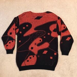 Vintage 80s Pop Art Oversized Tunic Sweater Womens Medium Orange Black Glam
